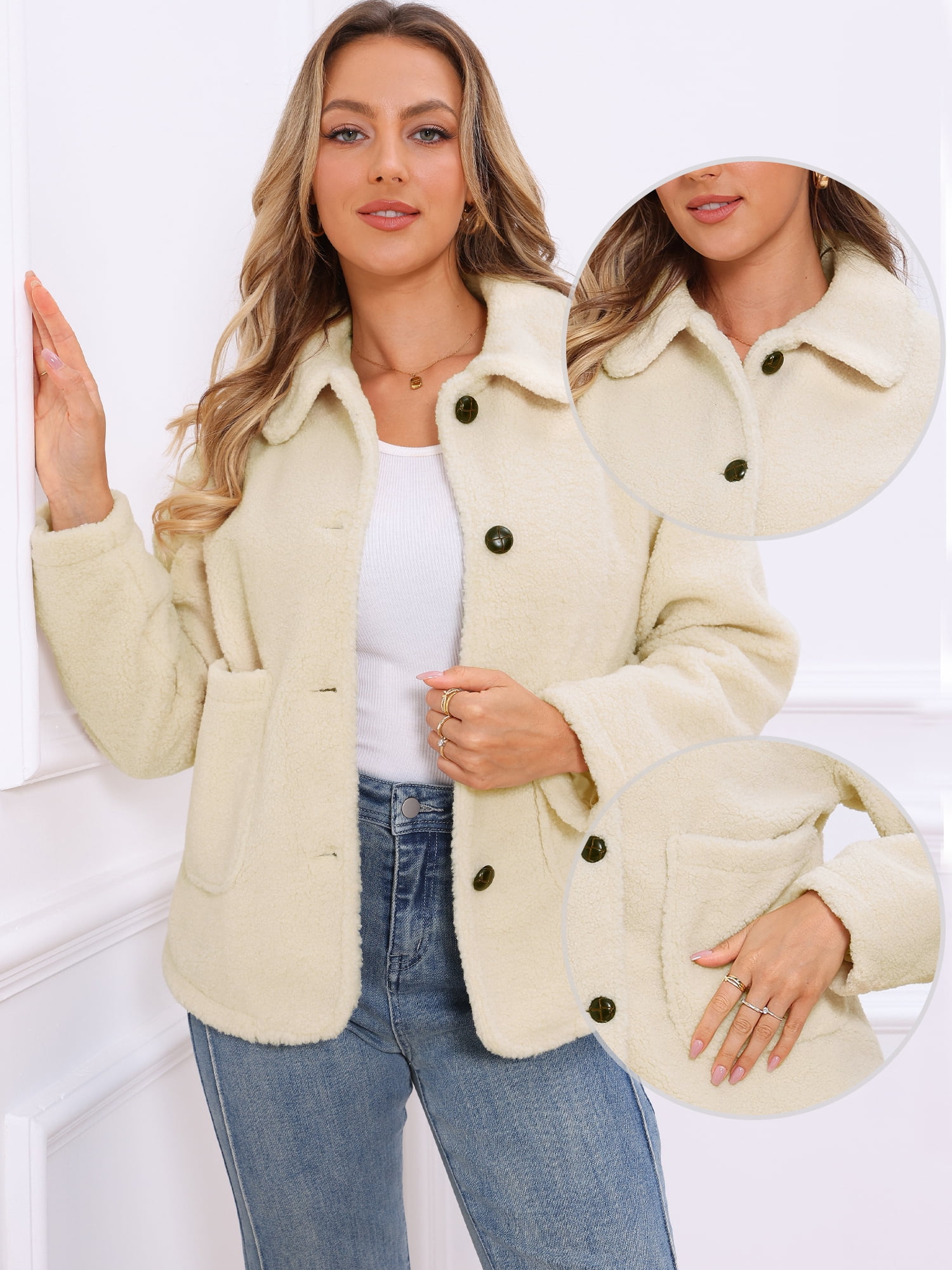 DARING DIVA Women's Peter Pan Collar Button Down Coat L Beige