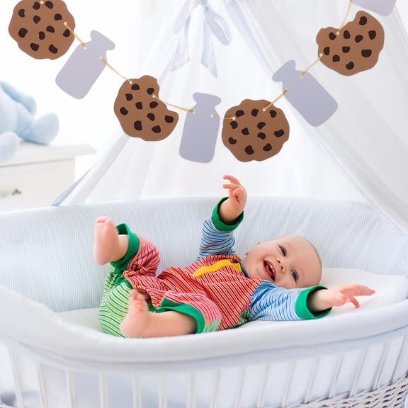 Masteelf 2pcs Birthday Party Decorations Birthday Backdrop Garland Cookie and Milk Happy Birthday Party Garland Banner for Kids, Baby Shower Decor