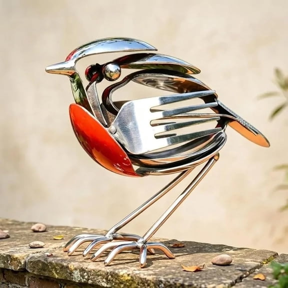 Metal Birds Outdoor Decor, Handmade Fork Spoon Robin 6in – Weatherproof Garden Ornament for Yard, Porch, Farmhouse