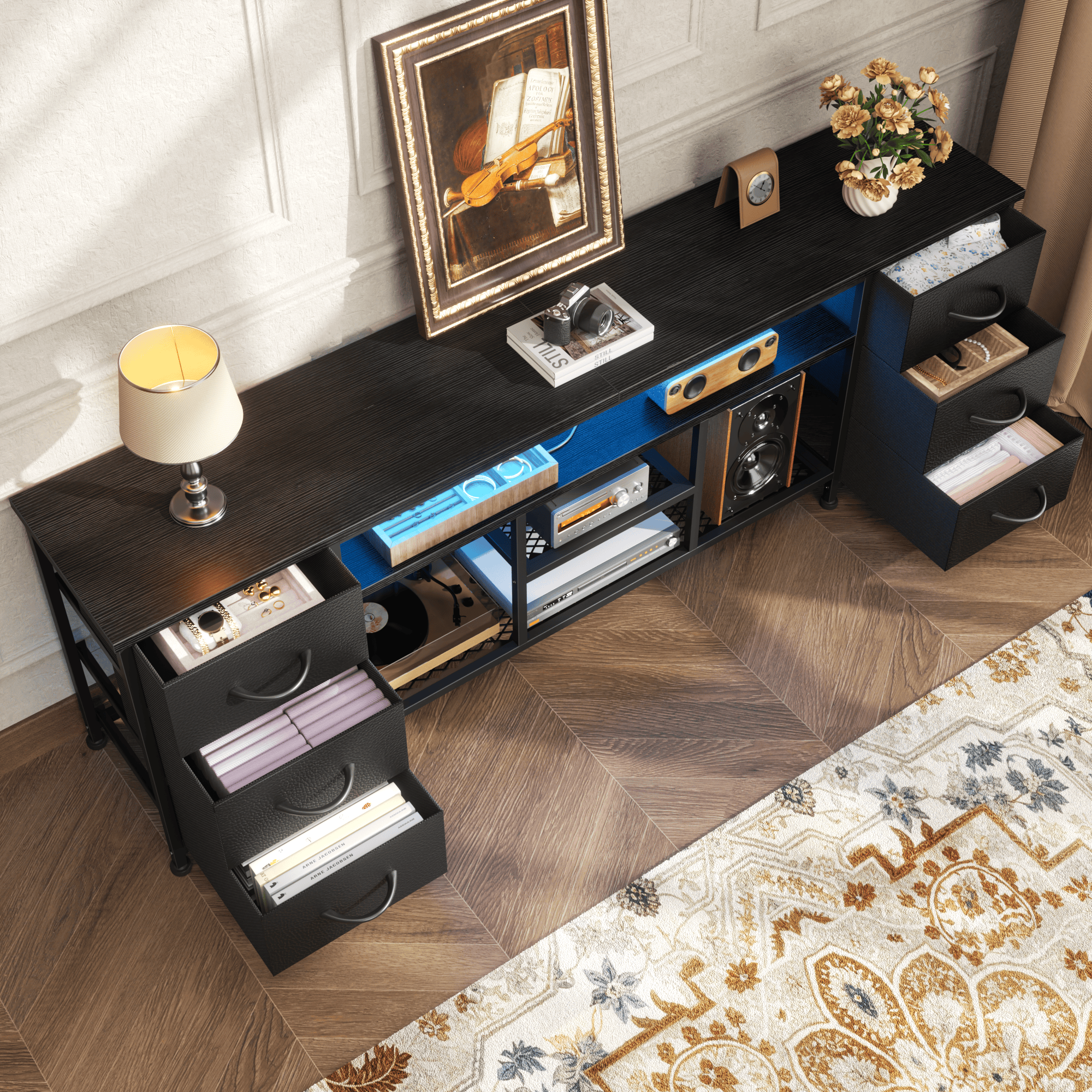 Tydimor Modern TV Stand for TVs up to 80", LED Entertainment Center with Power Outlets and 6 Drawers, Media Console with Storage for Living Room, Black