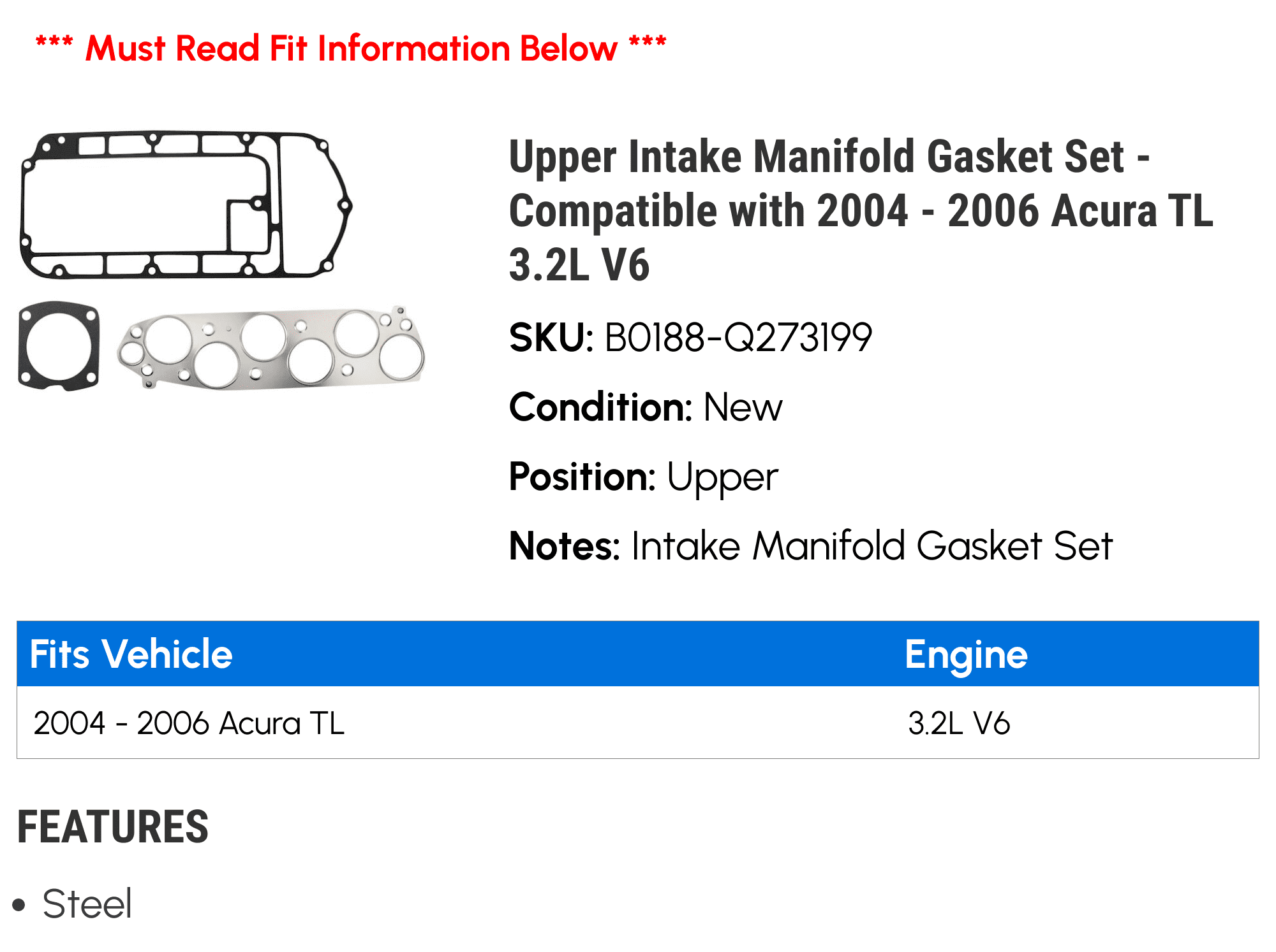 Upper Intake Manifold Gasket Set - Compatible with 2004 - 2006 Acura TL 3.2L V6 2005