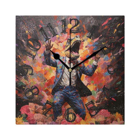 Dinosaur Suit Flower Wall Clock Square Silent Non Ticking Battery Operated Clock for Home Bathroom Kitchen Bedroom Living Room