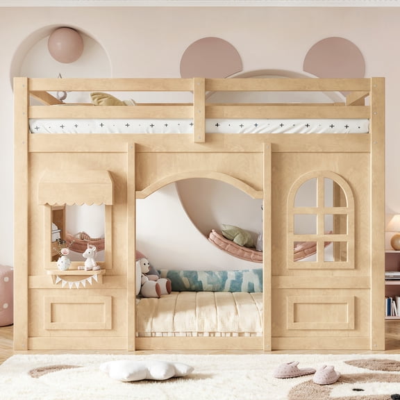 Playhouse Twin Size Loft Bed with Built-in Storage Shelves, Low Loft Bed with Open Play Nook, Door & Windows, Solid Wood Bunk Bed, Space-Saving Bedroom Furniture, Natural