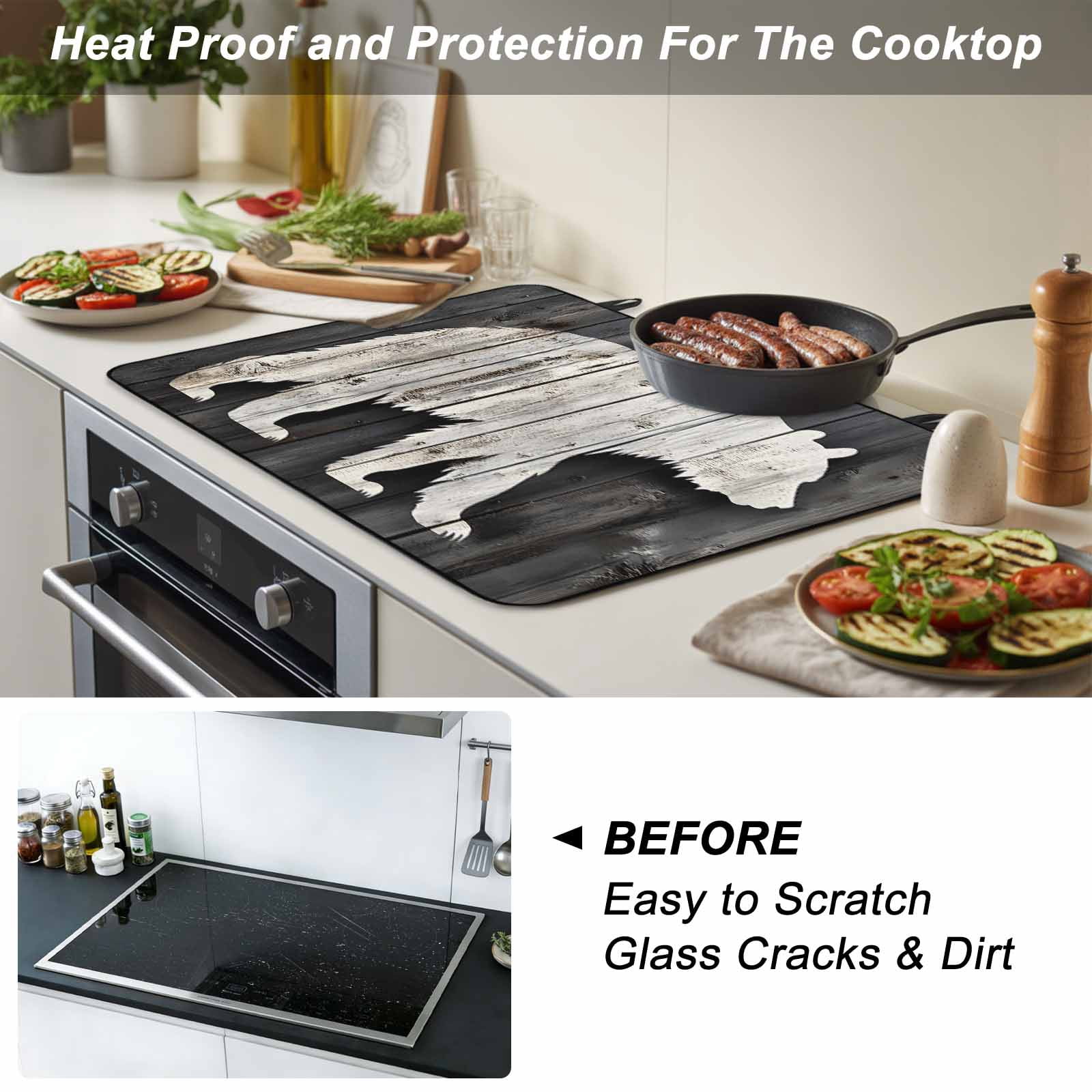White Brown Bear Stove Top Cover for Electric Stove, Heat-proof & Non Slip Glass Top Stove Cover Protector, Farmhouse Country Rustic Wooden Grain Kitchen Flat Cooktop Rubber Mat 24x21 Inches