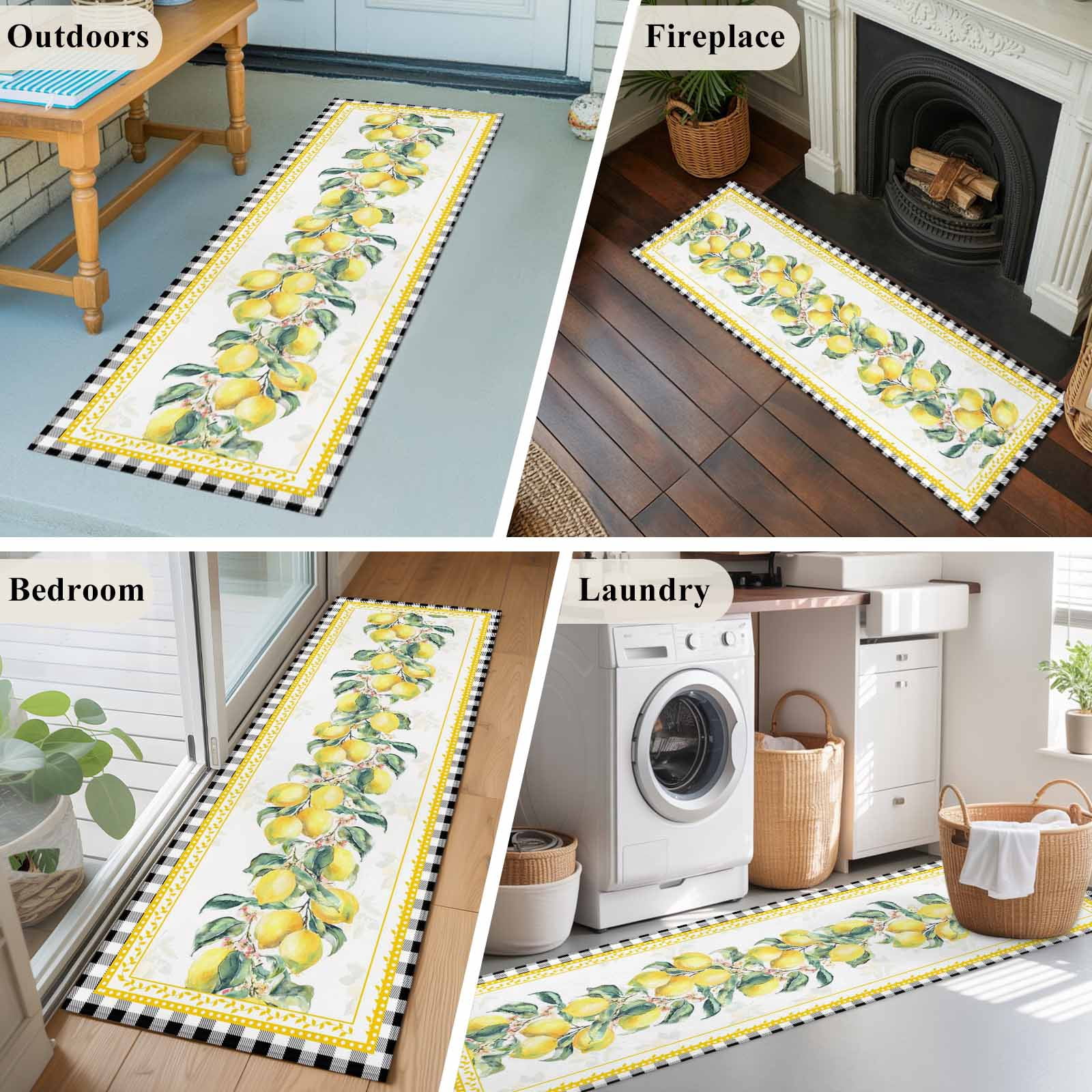 Yellow Lemon Kitchen Runner Rug 2x6 Washable Runners for Hallway Non Slip Summer Botanical Black White Plaid Pastoral Large Area Rug Indoor Floor Carpet for Bathroom Laundry Entryway Bedroom