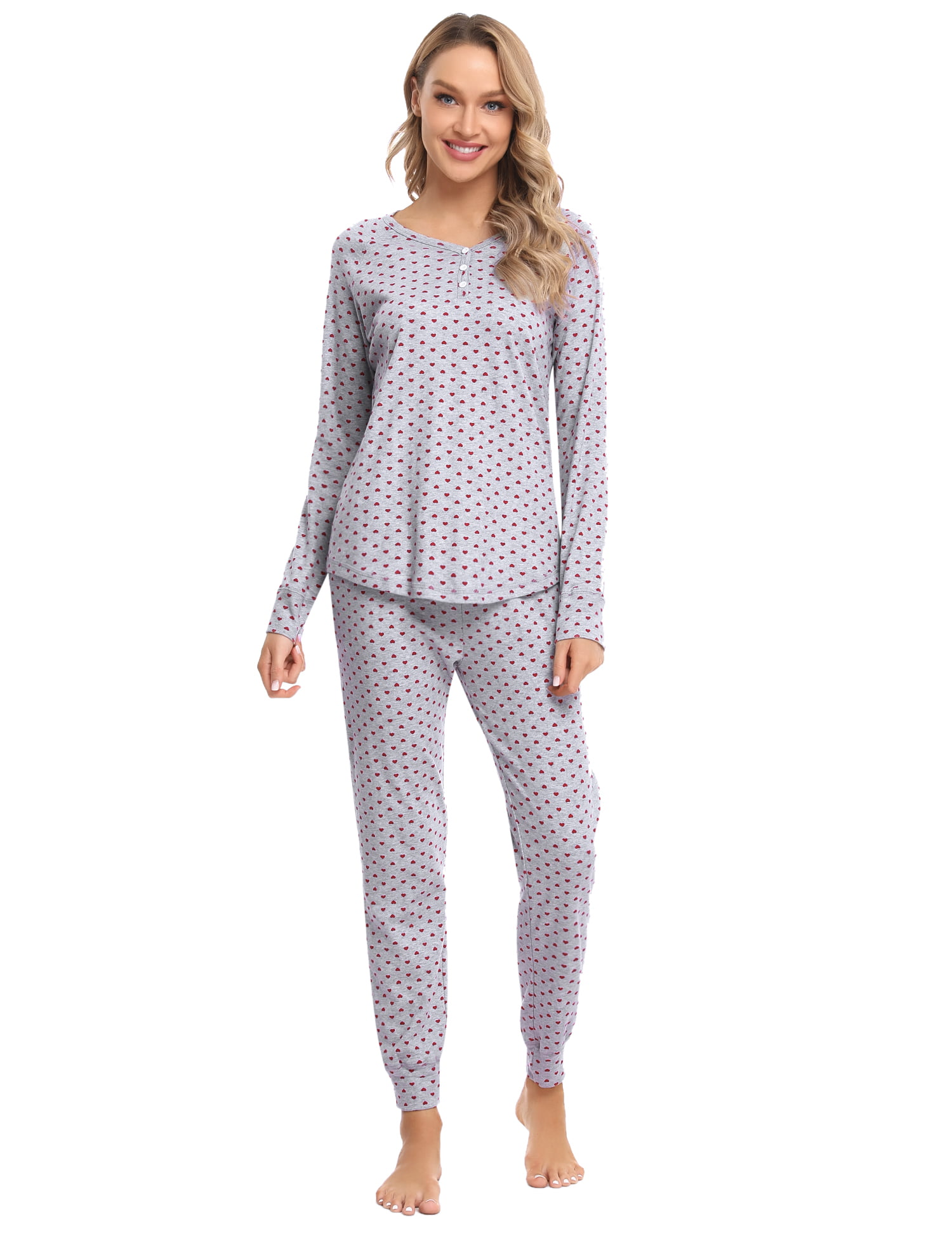 Hawiton Womens Long Sleeve Pajamas Set Cotton PJ Lounge Nightgowns with Pockets 