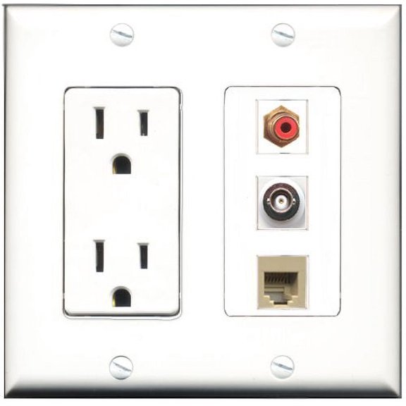 RiteAV - 15 Amp Power Outlet 1 Port RCA Red 1 Port Phone Beige 1 Port BNC Decorative Wall Plate