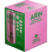 ARIH Postbiotic Energy Drink, Zero Sugar Clean Energy Drink with 100mg Natural Caffeine, Peachy Sunshine, 12 fl oz, 4 Pack