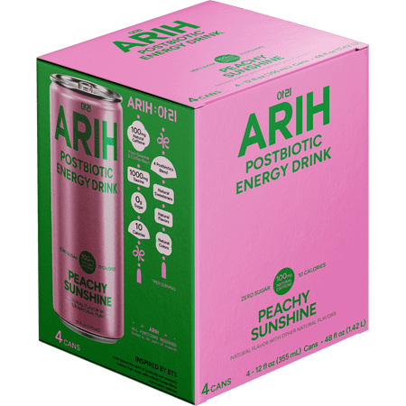 ARIH Postbiotic Energy Drink, Zero Sugar Clean Energy Drink with 100mg Natural Caffeine, Peachy Sunshine, 12 fl oz, 4 Pack