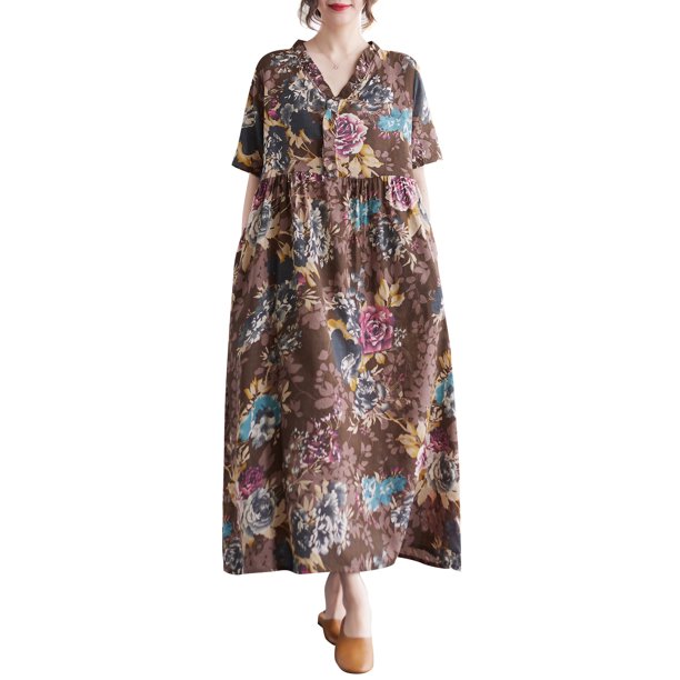 Vestido suelto de mujer con bolsillos, volantes, cuello en V, manga corta, vestido vintage de v CACAGOO Vestido