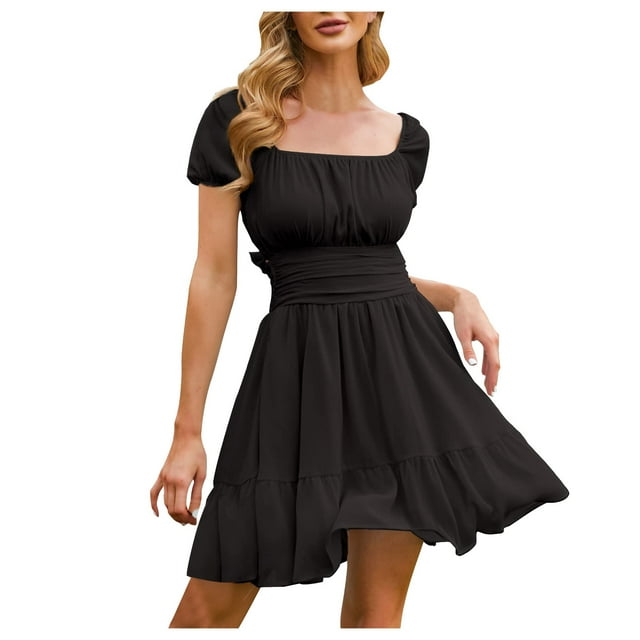 XDZJLR Robes pour Femmes à Nouer dans le Dos, Encolure Carrée, Manches Courtes Bouffantes, Robe Trapèze Courte