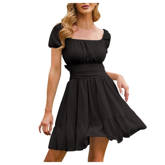 Angala Women's Tie Back Square Neck Short Puff Sleeve Casual Dresses A Line Mini Dress Classic Beautiful Casual Women's Dress