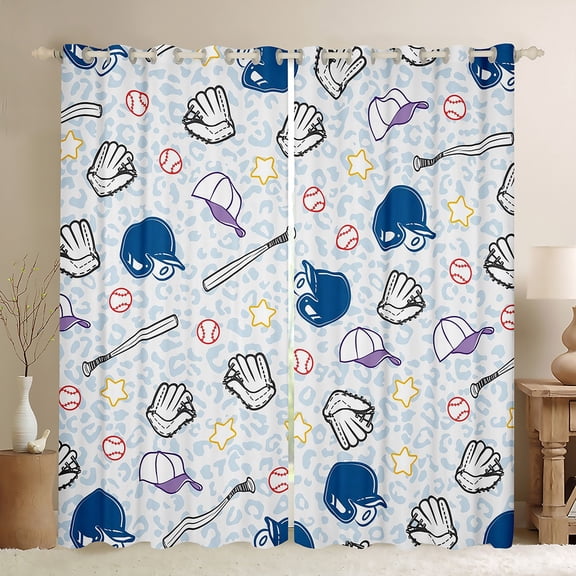 Homewish Kawaii Baseball Kids Black Out Curtains, Cartoon Stars Sports Gloves Curtains Pack of 2 (42x63 Each), Blue Leopard Cheetah Print Bedroom Curtains, Living Room Curtains Decor