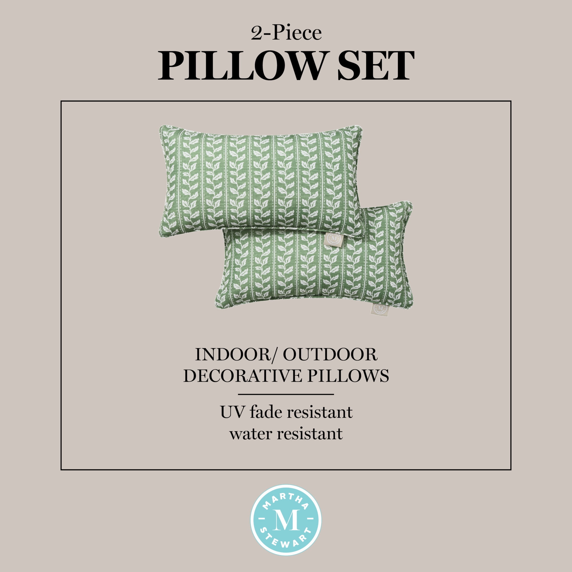 MARTHA STEWART Vineyard Vines Indoor Outdoor Decorative Lumbar Pillow 2-Pack Set, UV Fade Resistant, Water Repellent, Printed Garden Design, Green, 11"x18"
