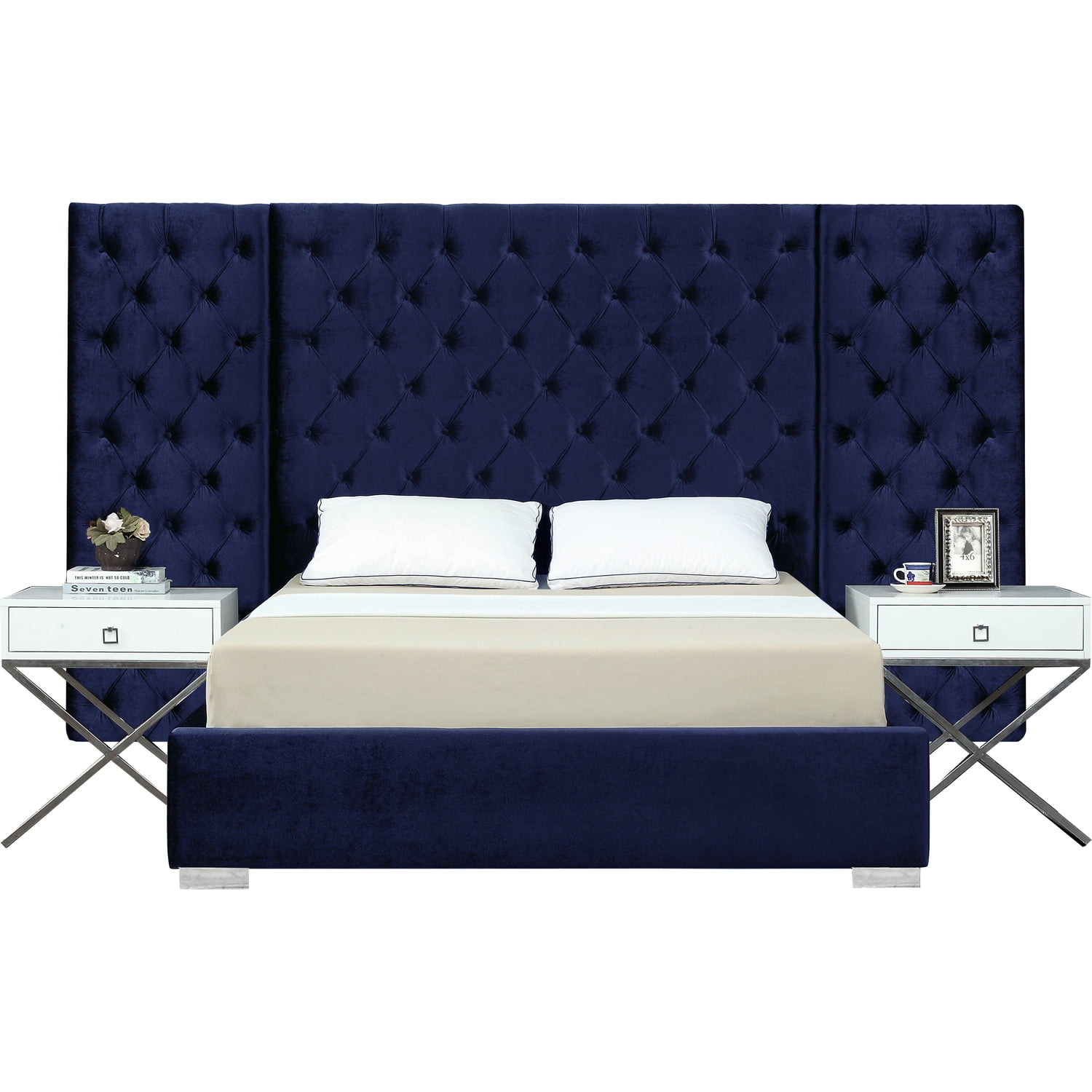 Grande Navy Velvet King BedColorNavy Velvet,StyleContemporary