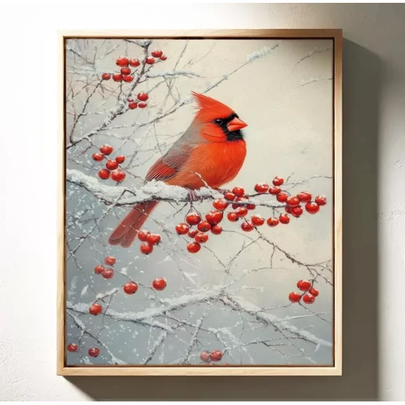 POSTER Rustic Cardinal Painting with Berries, Large Wildlife Art, Home or Office UNFRAMED, 12x18