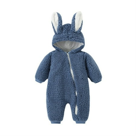 

Kid s Plush Jumpsuit with Cute Bunny Ears Hood Zipper Onesie Pajamas Child s Home Suit Long Sleeve Winter Bodysuit Solid Color for Sleeping Daily Dark Blue 80cm