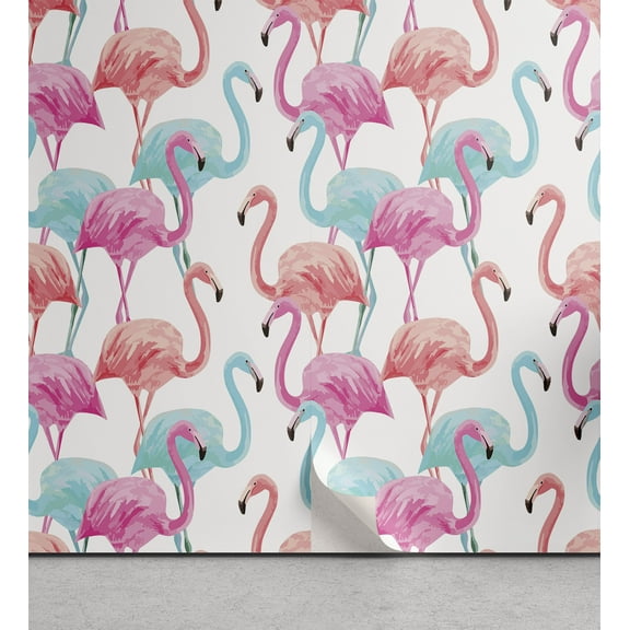 Ambesonne Watercolor Peel & Stick Wallpaper for Home, Hawaii Flamingos, 13"x72", Pale Blue Salmon Pink