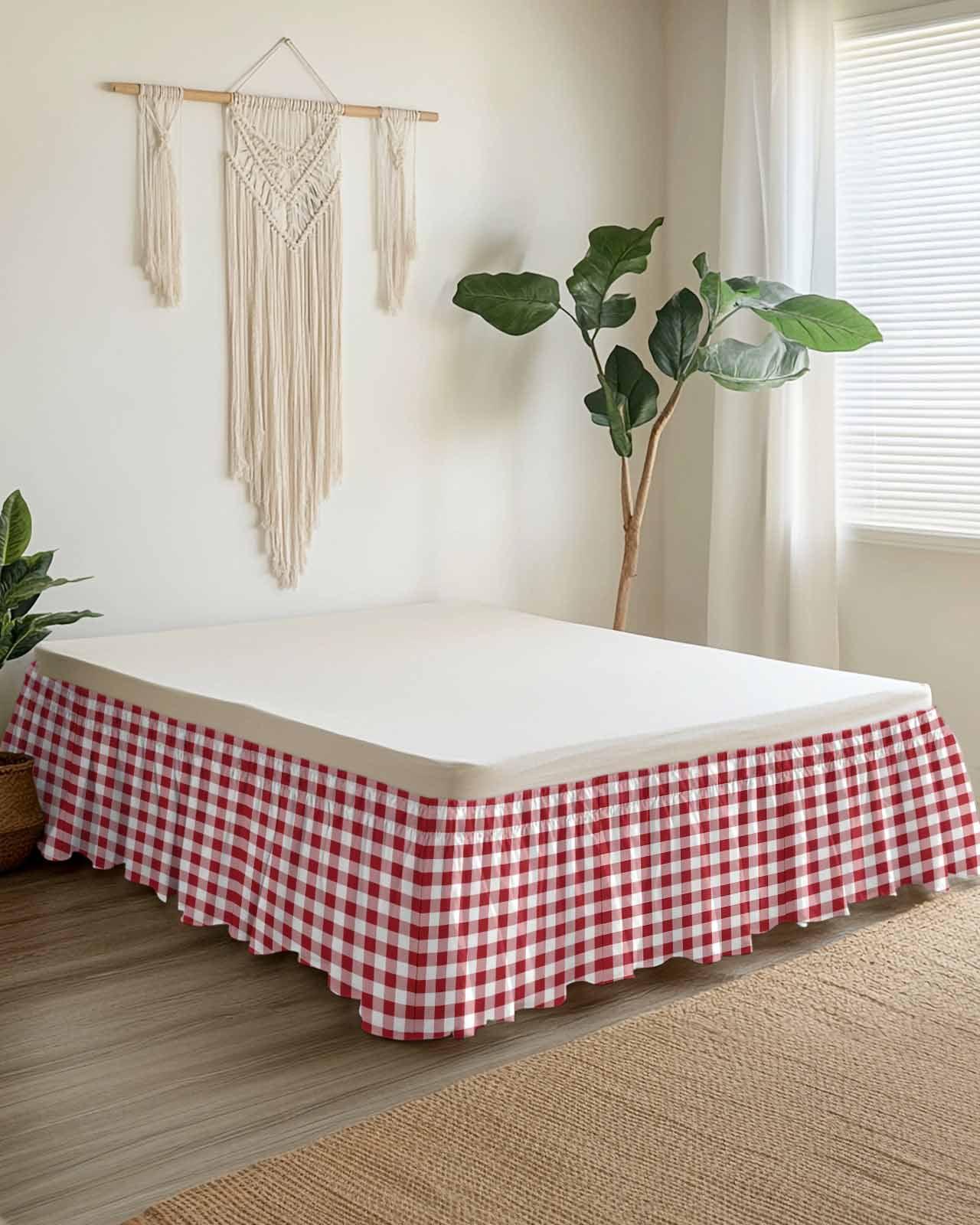 Red White Bed Skirt Buffalo Plaid Bed Skirts Queen Size 16 Inch Drop, Wrap Around Dust Ruffle&nbsp;Bedskirt with Adjustable Elastic Belt for Queen Size Beds