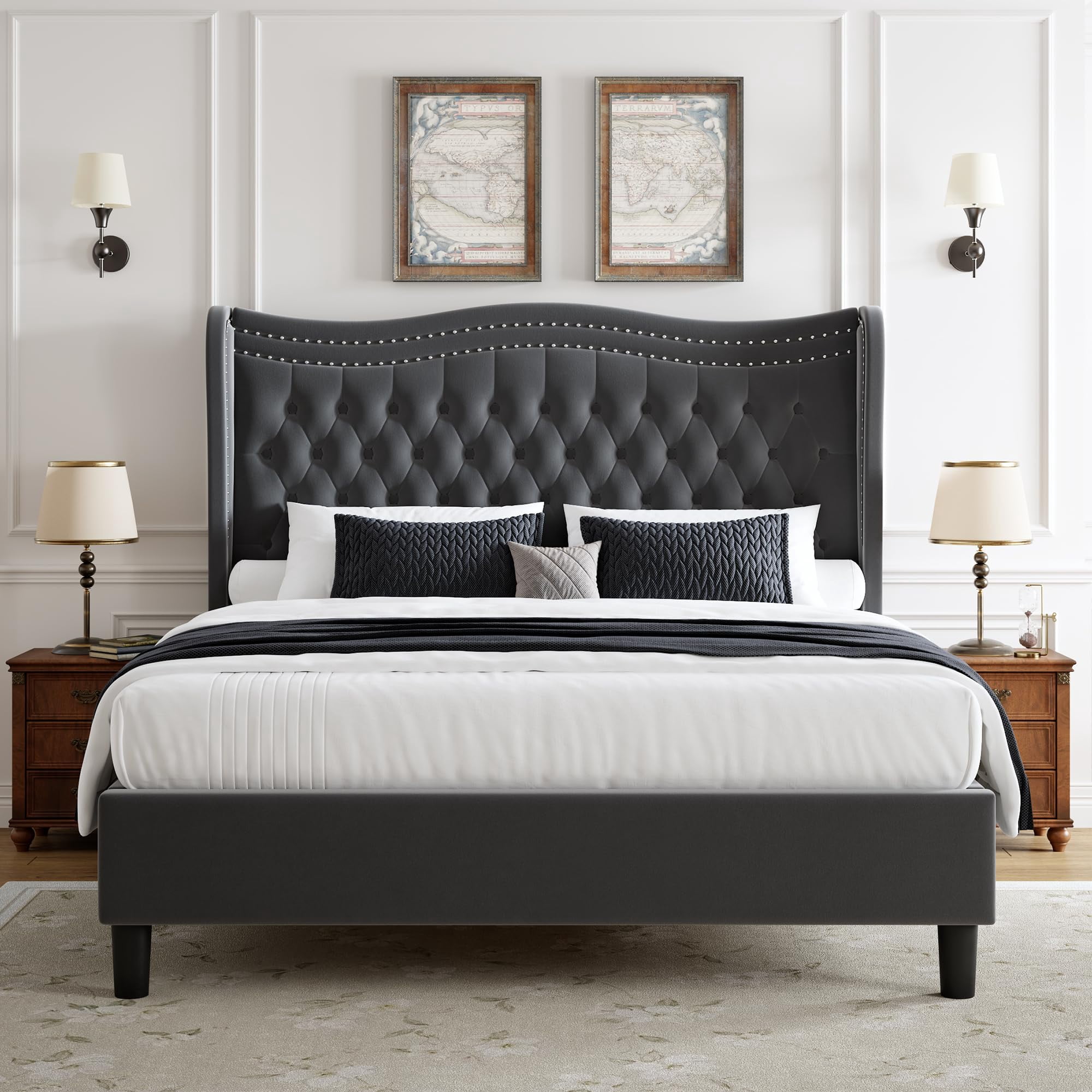 Miniyam Full Size Wingback Bed with 52" Velvet Upholstered Headboard, Nailhead Trim, Sturdy Wood Slats for Adults, Gray