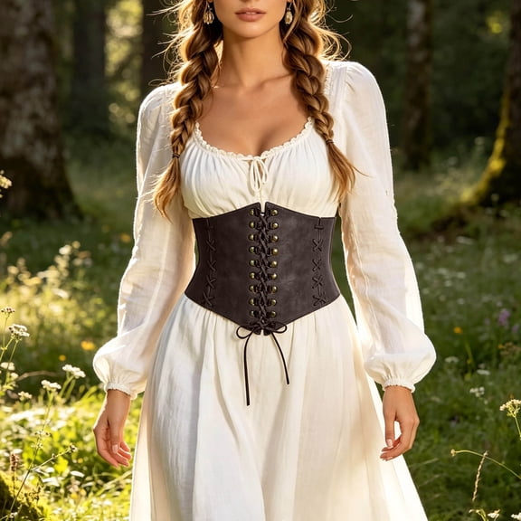 WAYUTE Pirate for Women Scoop Neck Breathable Solid Color Dress with Retro Corset Belt Clothes Set Halloween Stage Performance
