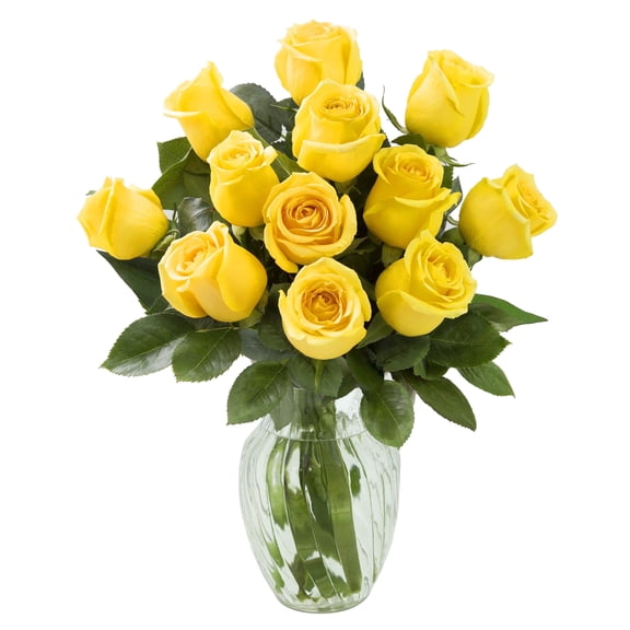 KaBloom : Bouquet of Fresh 12 Yellow Roses with Vase, Next-Day Delivery, Gift for all occasions