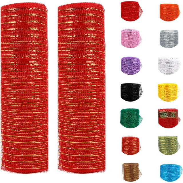 2 Rolls Red Mesh Ribbon, Christmas Deco Mesh 10 Inch x 30 Feet Each Roll, Metallic Red with Foil Ribbon for Christmas Tree Decorations Halloween Party Decor Crafts Wreaths,rojo/dorado