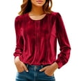 thumbnail image 2 of Mifsaly Velvet Tops for Women Pleated Business Velour Shirt Crewneck Long Sleeve Elegant Blouse Straight Shoulder Work T-Shirts Casual Trendy Vintage Pullover with Smocked Cuffs Red XXL, 2 of 9