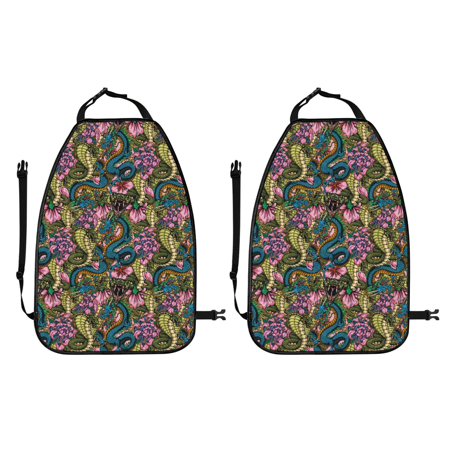 Kdxio Snake And Flower Print 2 Pack Car Kick Mat Seat Cover Back Protector Mat with Pockets for Organizer Backseat Protector and Storage Anti Kick Pad for Vehicles