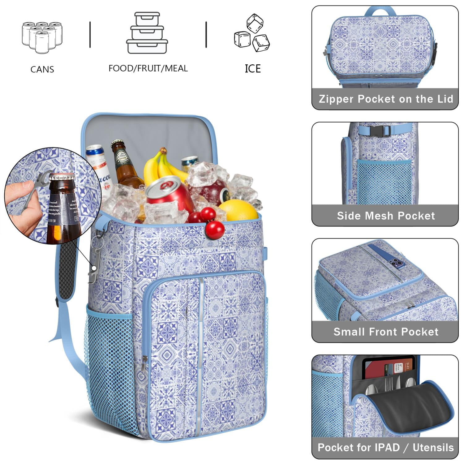 Travel Cooler Bag - Boho Bohemia Flower Camping Beer Cooler Backpack with Bottle Opener- Waterproof Insulated Picnic Backpacks - Cooler Bag for Beach