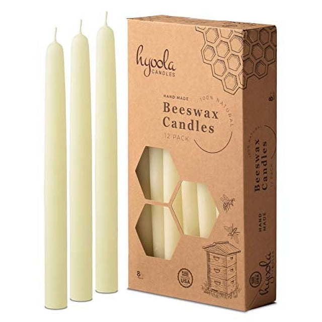 8" Beeswax Taper Candles 12 Pack - Handmade, All Natural, 100% Pure Unscented Bee Wax Candle - Tall, Decorative, White - 8 Hour Burn Time
