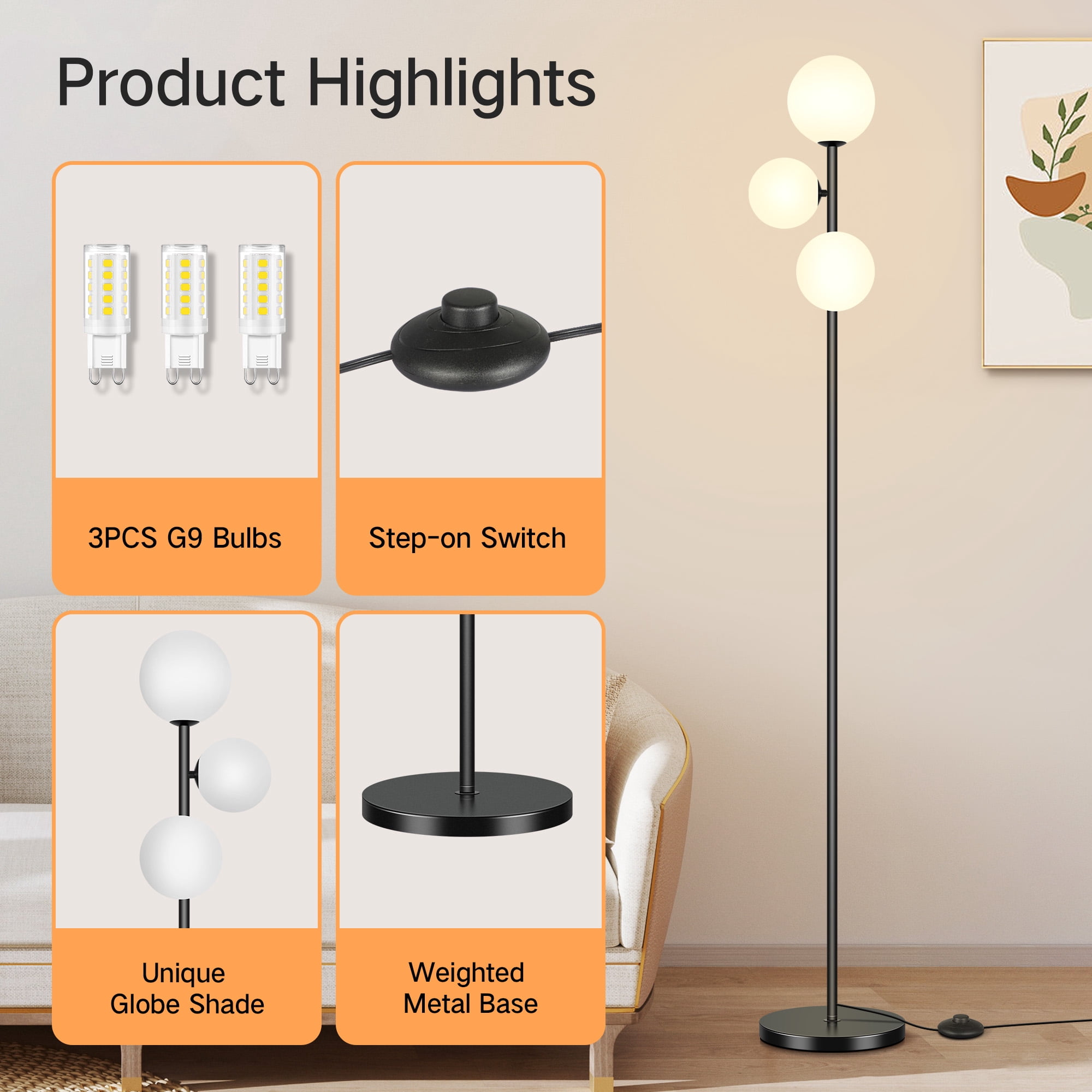 OUTON 71" Globe Floor Lamp for Living Room Clearance, Modern 3 light Standing Lamp with 3 Colors Temperatures, Dimmable Tall Lamp for Bedroom Office, Bulbs Included, Black