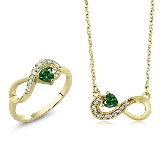 Gem Stone King 18K Yellow Gold Plated Silver Green Nano Emerald Infinity Ring Pendant Jewelry Set for Women (1.05 Cttw, Gemstone May Birthstone, Heart 4MM, with 18 inch Silver Chain)