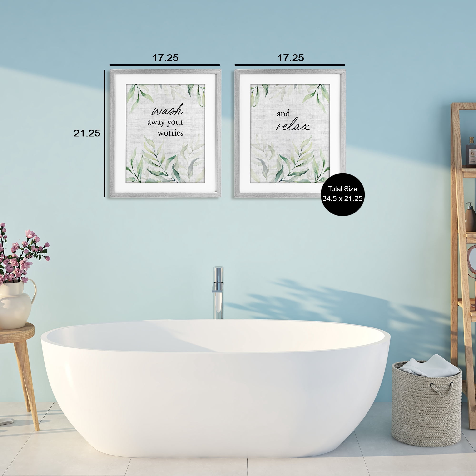 Soothing Bathroom Greenery Words 2 Piece Gray Framed Print Under Glass Set, design by Lettered and Lined
