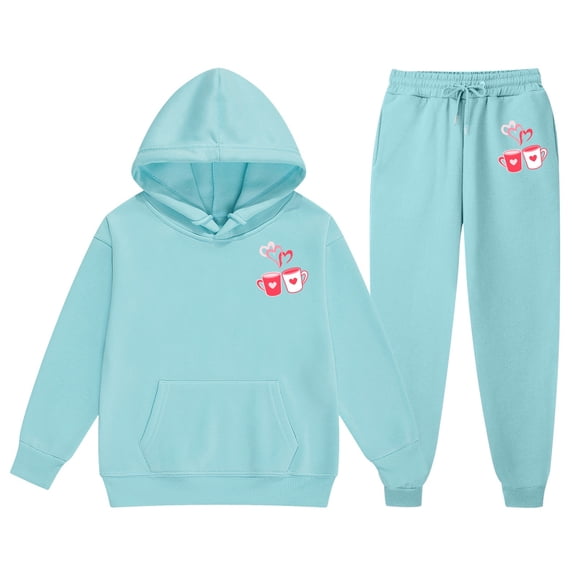 Gelikeya Valentines Day Hoodies Set for Kids Boys Girls Outfits Fashion Print Long Sleeve Sweatshirt Pants 2 Piece Spring Fall Clothes, Sky Blue & 8-9 Years
