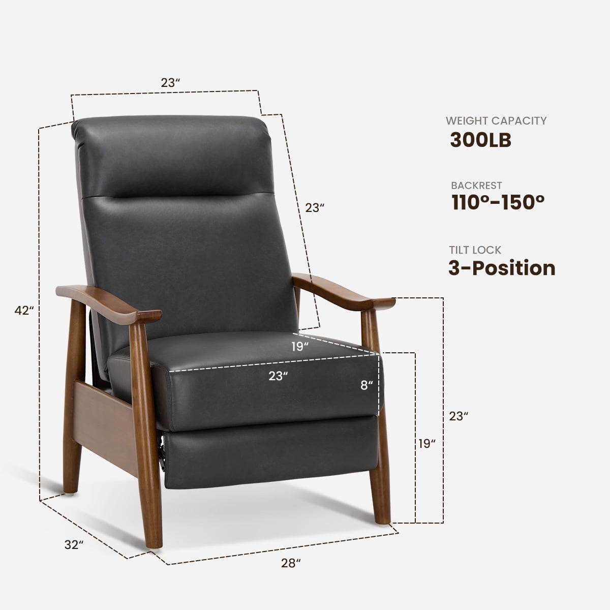 AFO Mid Century Modern Recliner Chair Set of 2, Leather Push Back Armchair with Retractable Footrest, Solid Wood Legs, High Back Lounge Chair for Living Room, Black