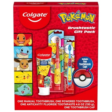 Colgate Kids Toothbrush Set with Toothpaste, Manual and Power toothbrush, and toothbrush cap, Pokemon Gift Set