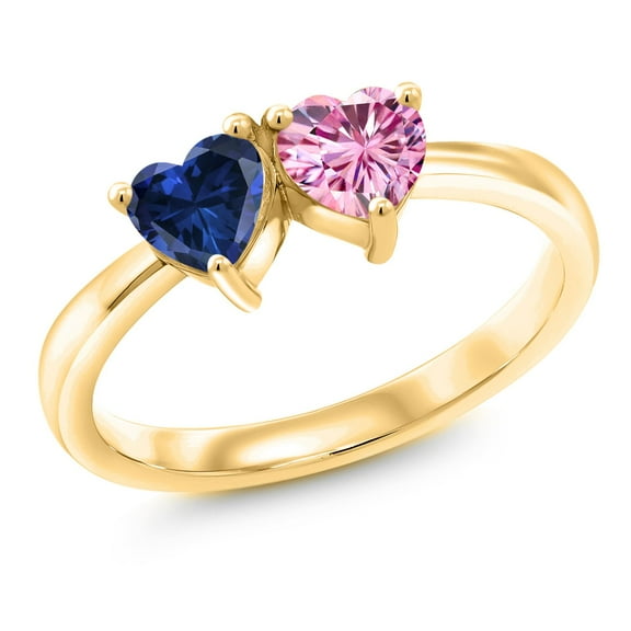 Gem Stone King 18K Yellow Gold Plated Silver Fashion Right-Hand Ring Heart Shape Blue Created Sapphire and Vivid Pink Moissanite (1.00 Cttw, Size 7)