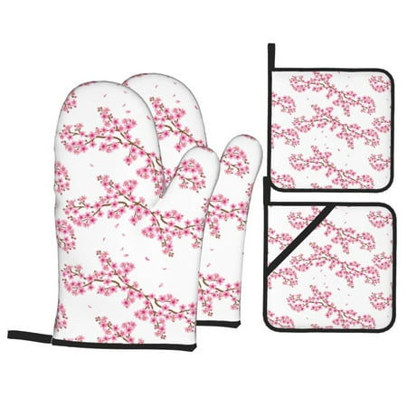 

Oven Mitts and Pot Holders Sets 4 pcs - pink berry blossoms branches Heat Resistant Silicone Oven Gloves with Non-Slip Silicone Surface and hot pads for kitchen Baking Cooking BBQ