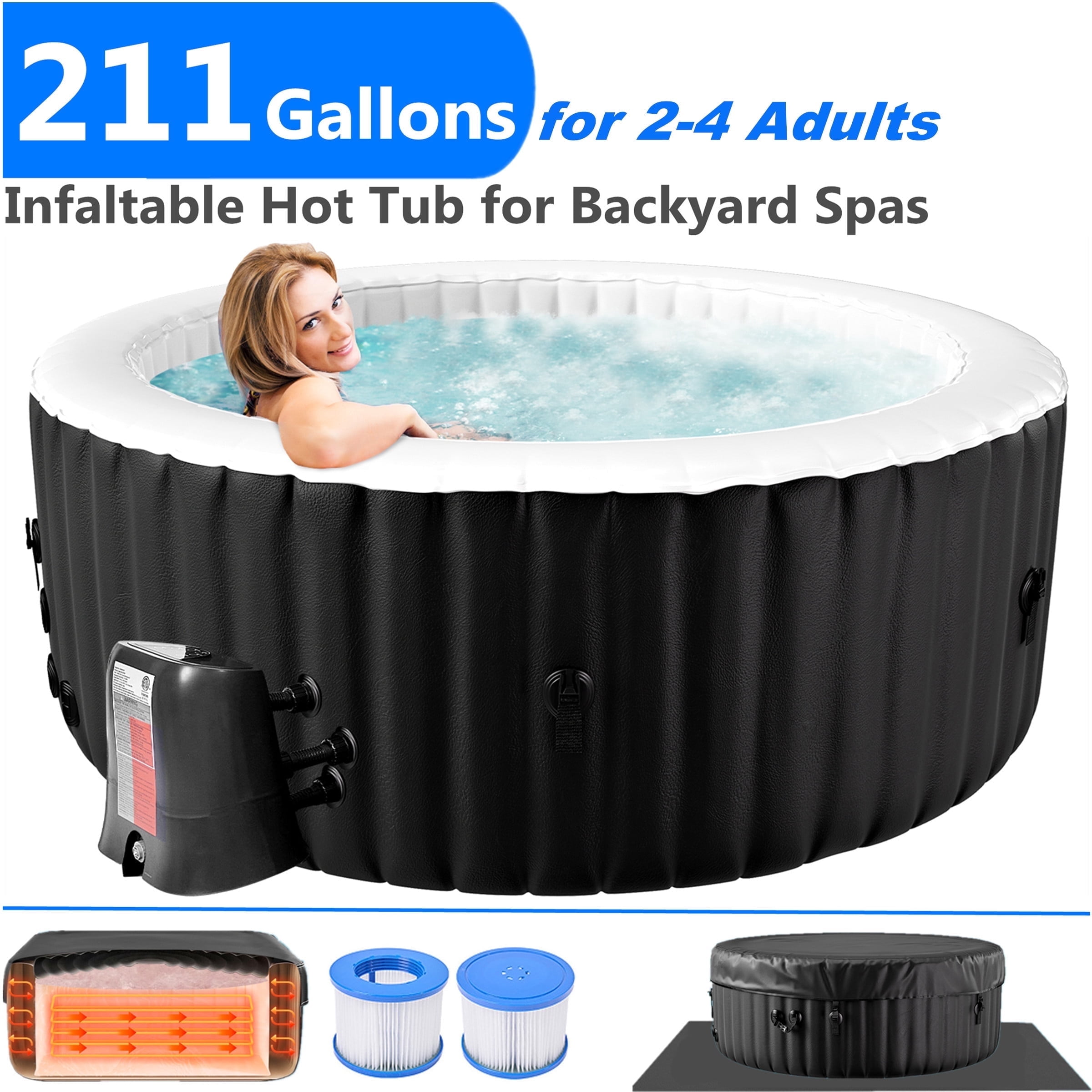 211 Gallon Inflatable Hot Tub 4 Person Round with Control Panel, Portable Outdoor AirJet Hot Tub Spa with 110 Bubble Jets, Filter, Insulated Tub Cover and Floor Protector, Temperature up to 104°F