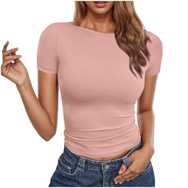Plebaso T-Shirts Basiques pour Femmes Manches Courtes Ajustées Crop Tops Unis Été 2025 Décontracté