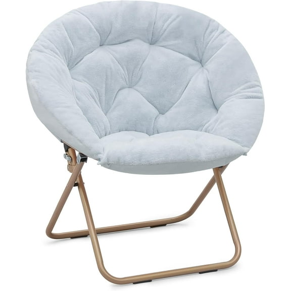 Round Folding Faux Fur Saucer Chair,Moon Chair for Bedroom Living Room Dorm Garden Courtyard Foldable Metal Frame Oversized Large Comfy Furry Padded Soft Lazy Cozy Lounge Chair for Adults,Light Blue