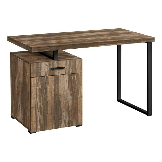 Monarch Specialties computer desk featuring a 48-inch brown wood laminate surface, left-side storage drawer unit, and black metal legs in a modern design.