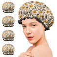 thumbnail image 7 of Shower Caps,Yellow Green Leaf Flower Pattern Waterproof Shower Cap for Women 4 Pieces,Double Reusable Hair Cover for Shower PEVA Elastic Stretch Hem, 7 of 7