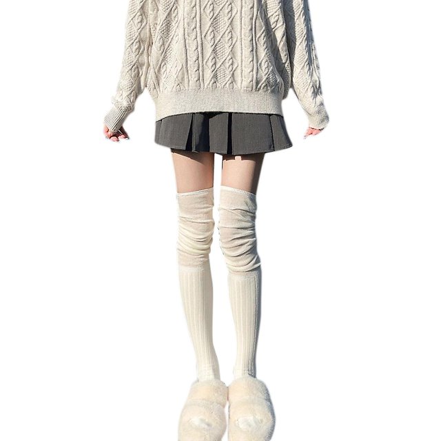 Medias por encima de la rodilla con parte superior holgada para mujer Calcetines largos hasta el muslo de punto acanalado para estudiantes