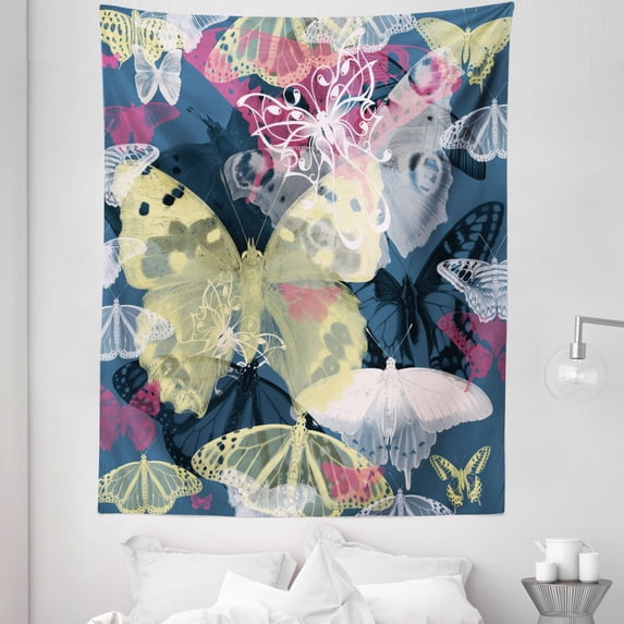 Abstract Tapestry, Colorful Butterflies Hand Drawn Springtime Natural Wildlife Detailed Illustration, Fabric Wall Hanging Decor for Bedroom Living Room Dorm, 5 Sizes, Multicolor, by Ambesonne