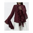 thumbnail image 4 of Womens Casual Blouses Flared Sleeve Stand Collar Ruffle Tops Summer Trendy Vacation Shirt Wine Red L, 4 of 10