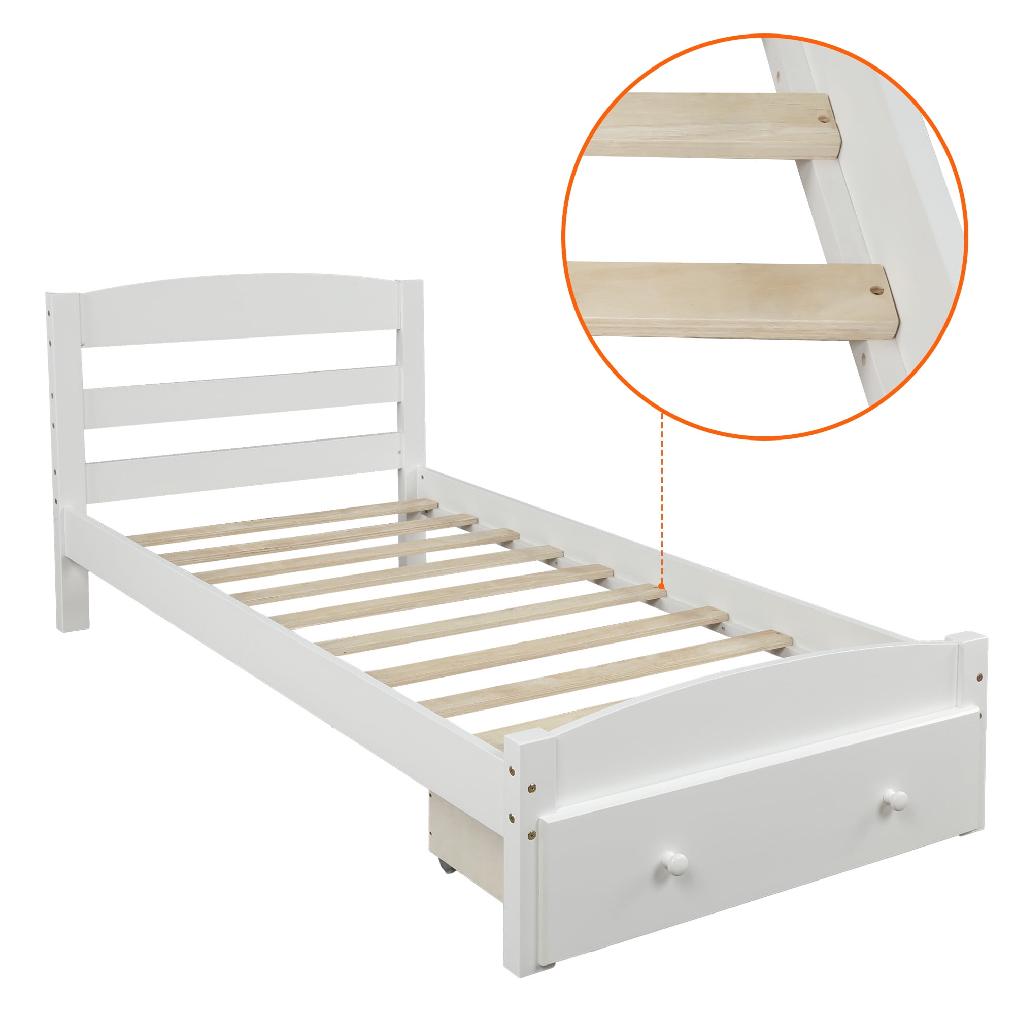 Holaki Wood Twin Size Bed with Storage Drawer for Kids, White