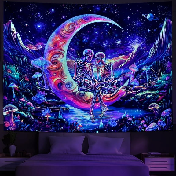 Blacklight Skull Tapestry UV Reactive Galaxy Space Tapestries Psychedelic Moon Wall Tapestries Skeleton Lovers Wall Hanging for Bedroom Decor
