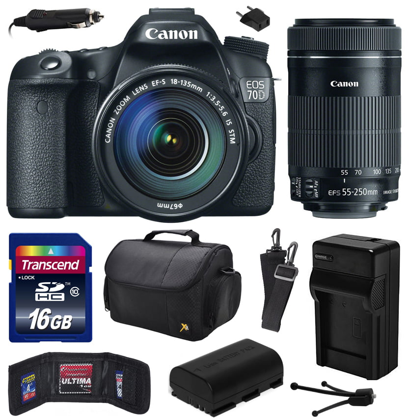 Canon EOS 70D Digital SLR Camera with 18-135mm STM and EF-S 55-250mm  f/4-5.6 IS STM Lens includes 16GB Memory + Large Case + Extra Battery +  Travel 